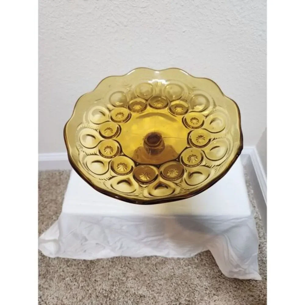 LE Smith Moon & Stars Amber Glass Dessert Stand Compote with Scalloped Edge  MCM